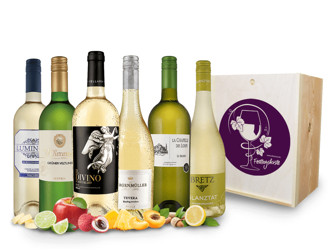 Festtags-Kiste mit edlen Weißweinen mit 6 erlesenen Flaschen in dekorativer Holzkiste